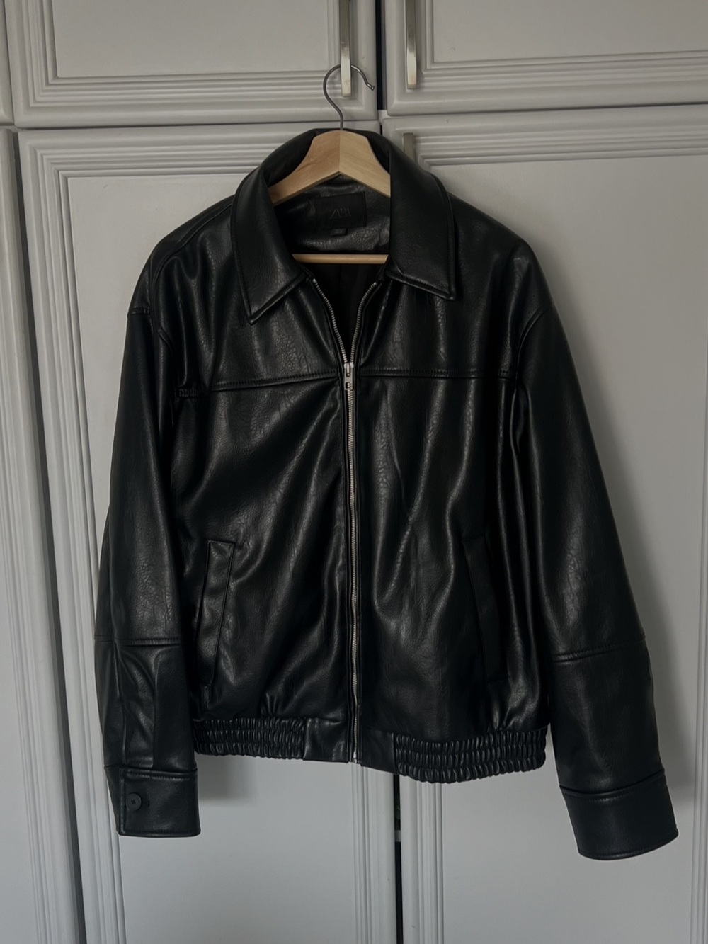 Zara Black faux Leather Zip-Up Bomber Jacket